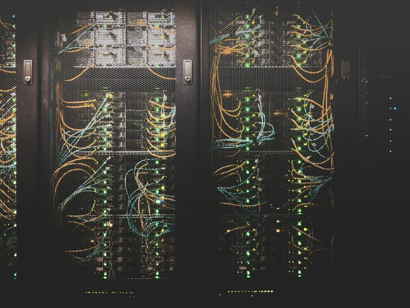 Server rack with network cabling in a data center